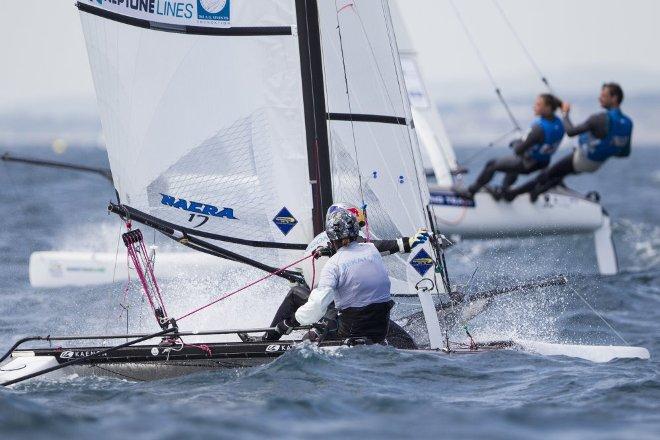 Sofia Bekatorou and Dimitrios Benakis, GRE, Mixed Multihull (Nacra 17) at day two - 2015 ISAF Sailing WC Weymouth and Portland © onEdition http://www.onEdition.com